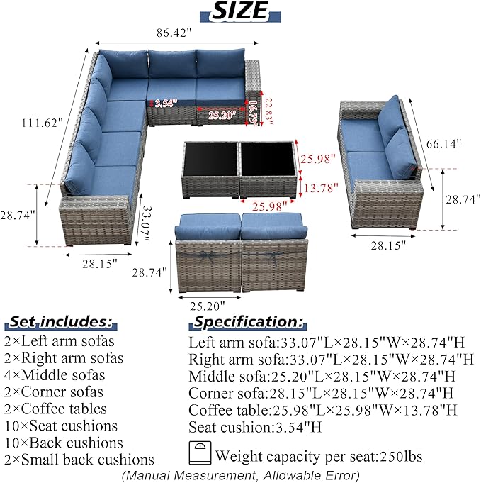 HOOOWOOO Outdoor Patio Sectional Furniture Sofa Set with Widened Armrest,12 Piece Large Modern Wicker Couch,Modular L Shaped Conversation Seating Set with Table for Out Door Garden Corner(Denim Blue)