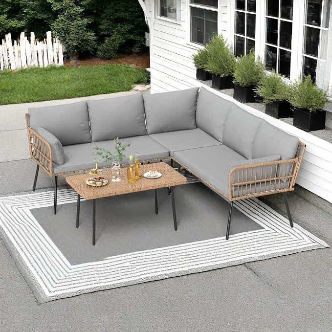 DWVO 4 Piece Patio Furniture Set with 5 Seater Outdoor Sectional with Thickness Cushions and Side Table All-Weather L-Shaped Sectional Conversation Sofa Set Outdoor Furniture Set for Backyard Porch