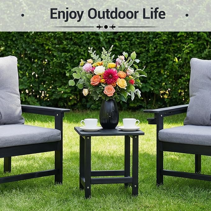 Outdoor Side Table Set of 2, HDPE Small Outdoor Table, Adirondack Side Table, Outside End Table for Patio, Porch, Deck, Pool, Indoor or Outside Use, Black