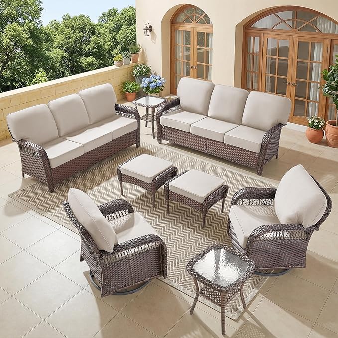 Belord Luxury Patio Furniture Set with 5-inch Thick Cushion, Outdoor Couch,Ottoman and High Back Swivel Rocker Patio Chairs, 8PCS Wicker Conversation Set for Deck Yard and Poolside,Beige