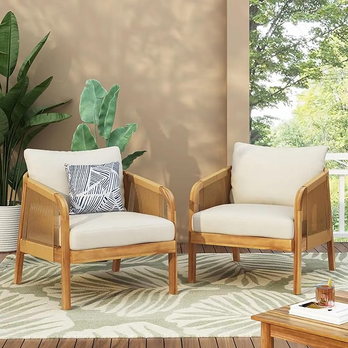 Merax Outdoor Acacia Wood Wicker Patio Club Chair,Set of 2,Conversation Set,Faux Rattan Accents