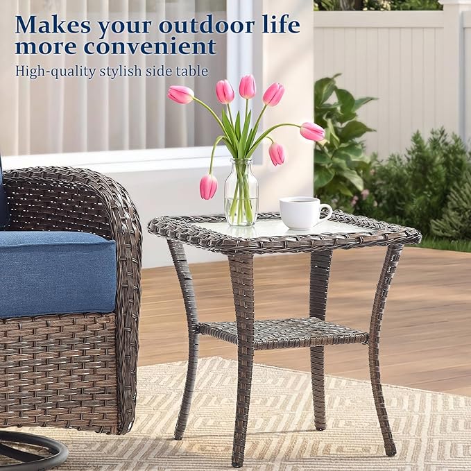 Outdoor Swivel Rocking Chair Patio Set (3-Piece), High-Back - Thick Cushion Swivel Rocking Chair Patio Set, All-Weather Wicker Patio Furniture Set, Suitable for Balcony Patios, Brown/Blue
