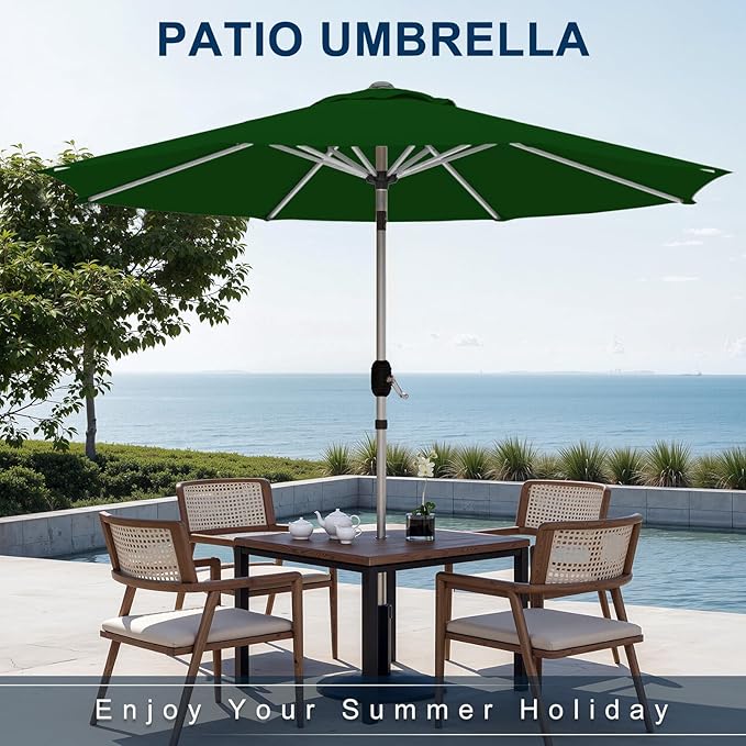 10FT Aluminum Outdoor Patio Umbrella, Fade-Resistant Market Umbrella with Push Button Tilt Function, 8 Sturdy All-Aluminum Ribs for Gardens, Patios, Backyards & Pools