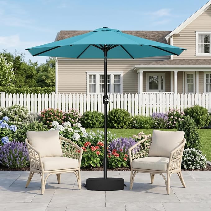 PURPLE LEAF 7.5' Round Patio Umbrella Outdoor Table Umbrella Aluminum Frame Market Umbrella with 8 Sturdy Ribs & Tilt for Garden Deck Lawn Pool Turquoise Blue