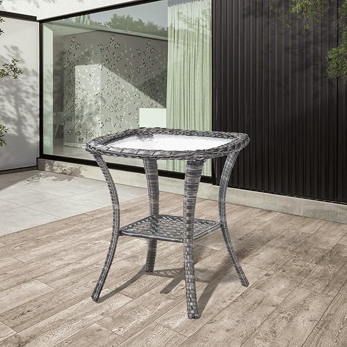 Outdoor Side Table Patio Tables - Wicker Coffee Table with Glass Top and 2-Shelf Storage Rattan End Table Square for Outdoor Patio Porch Deck Balcony Garden(Mixed Grey/Glass Top)
