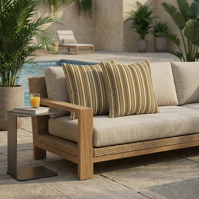 RSH DECOR: Sunbrella Square Throw Pillows Set of 2 | 20" x 20" | Water and Fade-Resistant Performance Fabric | Outdoor Pillow Covers with Down-Alternative Inserts | Made in USA (Anthony Praline)