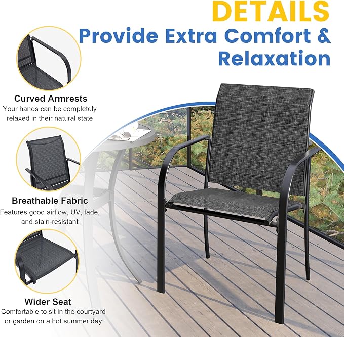 VICLLAX Patio Table and Chair Set of 8, All Weather Metal Round Outdoor Dining Furniture Set-53 Round Outdoor Table and Chairs, Grey Wood Grain Tabletop