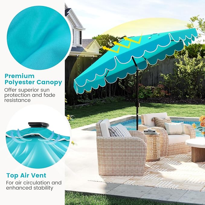 Tangkula 9 FT Solar Patio Umbrella, 2-Tiers Scalloped Outdoor Table Market Umbrella with 32 LED Lights, Vented Top, Tilt Adjustment, Crank, 8 Ribs for Backyard Poolside Deck Beach Lawn (Turquoise)