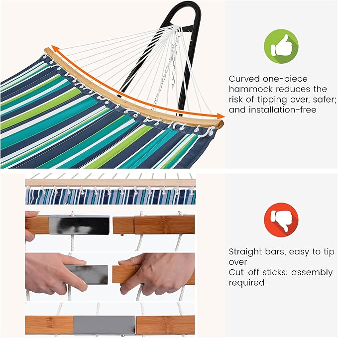 Yaheetech Hammock with Stand Set, Padded Hammock with Frame & Removable Pillow for 2-3 People Outdoor, Porch, Patio, Deck and Backyard, Max.Weight Capacity 475LB - Green Stripe