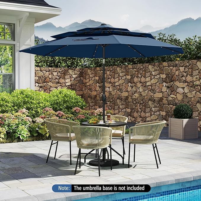 Tangkula 10 FT Solar LED Patio Umbrella, 3-Tier Vented Outdoor Market Table Umbrella with 32 LED Lights, Tilt Adjustment, Crank Handle, 8 Ribs for Backyard Pool Deck (Navy)