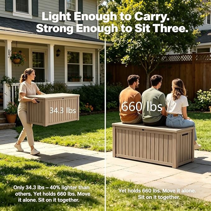 180 Gallon Outdoor Storage Box Waterproof, Large Resin Deck Box with Lockable Lid & Soft-Close Hydraulic Struts, Outside Storage Box for Patio Furniture, Garden Tools, Pool Accessories, Grey