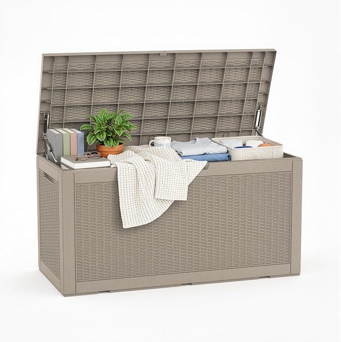 ROJIK Outdoor Storage Housing Deck Box - Waterproof Patio Furniture, Garden Tools, Cushions, Pool Accessories Storage Bench with Lockable Lid and Side Handles (Grey 110 Gal)