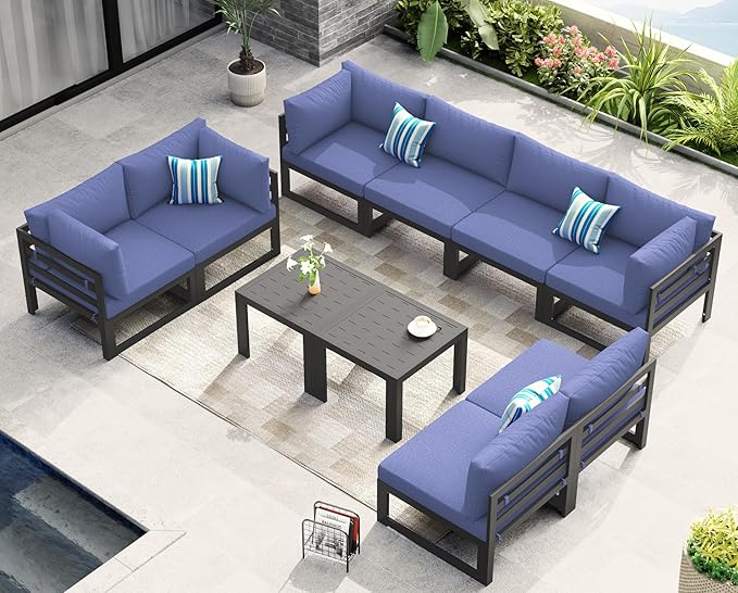 NICESOUL Extra Large Modern Aluminum Outdoor Sofa, 29" Deep Wide Seating, 500 lbs Durable Sectional Set for Heavy People, Rust Resistant Sturdy Patio Furniture Set for Backyard Poolside, Denim Blue
