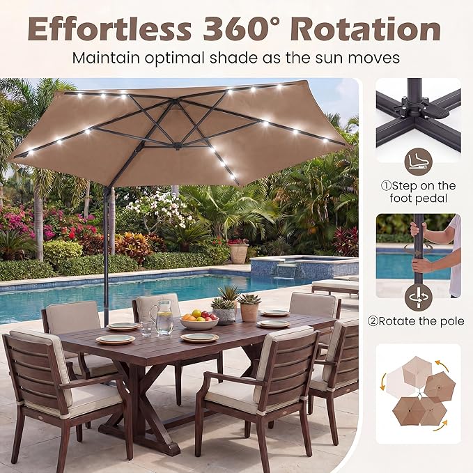 HAPPYGRILL 10 FT Patio Umbrella with Solar Lights, Outdoor Offset Cantilever Umbrella with White LED Lights, 360 Degree Rotation, Air Vent for Pool Deck Garden Backyard