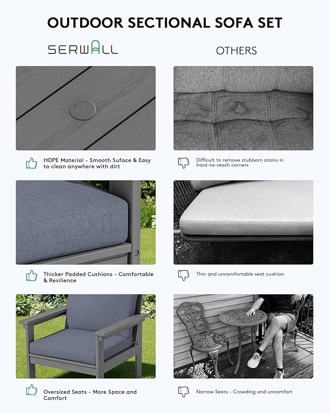 SERWALL HDPE Outdoor Couch with Coffee Table & Side Table & 15FT Umbrella