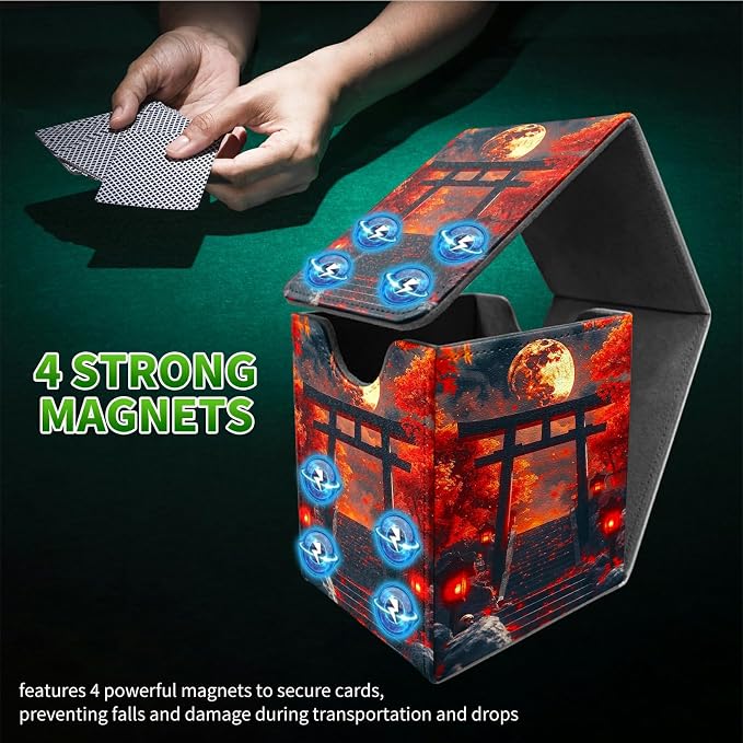 Deck Box for MTG, Cards Storage Box Fits 120+ Sleeved, Leather Medium Size Strong Magnetic Closing Card Case for Board Games Magic TCG CCG Baseball Collection, Red Maple Leaf Moon