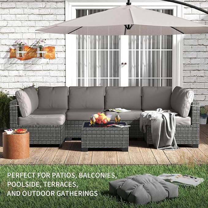 7 Piece Patio Furniture Set, Outdoor Modular Wicker Sectional Couch with Tempered Glass Coffee Table, All-Weather Rattan Conversation Set with Washable Cushions for Backyard, Garden, Deck