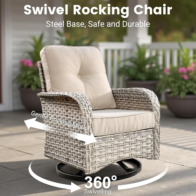 Outdoor Sectional Patio Furniture Set with Fire Pit Table,9 Pieces Rattan Wicker Conversation Sets L Shaped Couch,Outside Furniture with Swivel Chairs Glowing Coffee Table,Beige