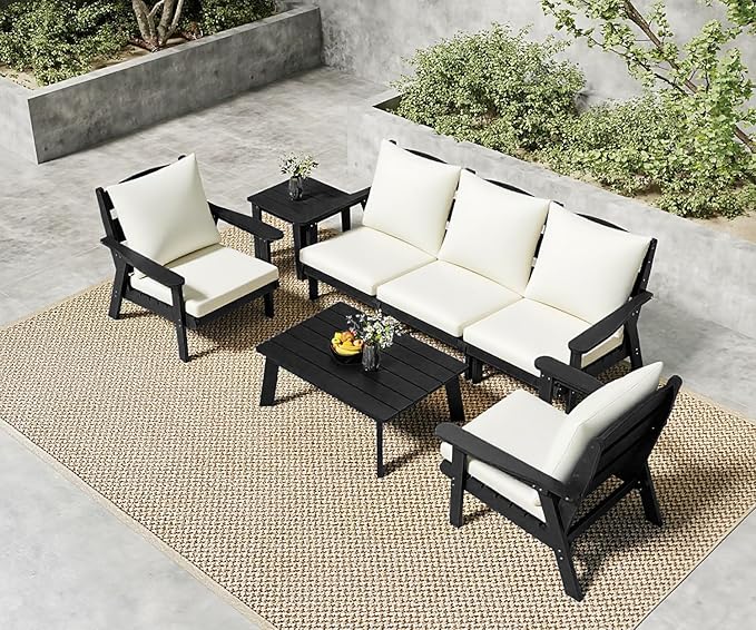 FOOWIN 7-Piece Patio Furniture Set, HDPE All-Weather Outdoor Conversation Set with Thick Cushions, Sectional Patio Sofa Furniture for Deck, Porch, Lawn, Garden, Black Frame & White Cushion