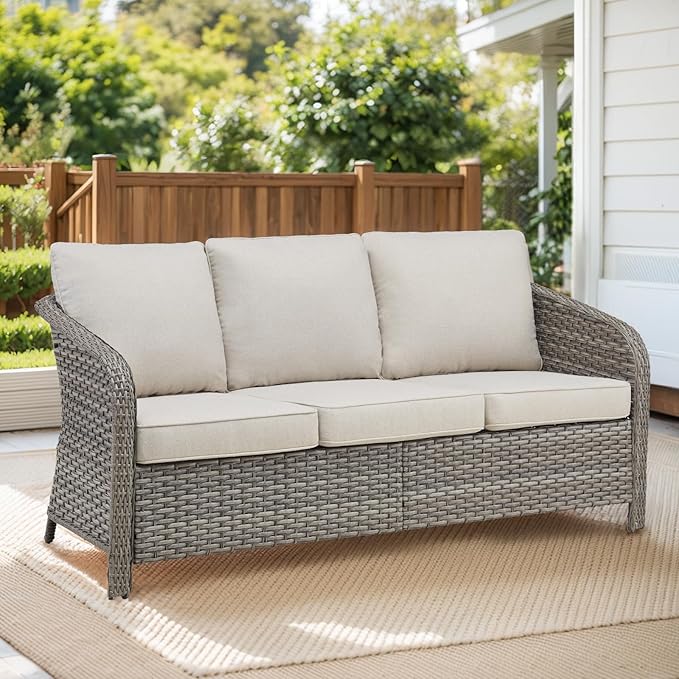 Belord 73" Wicker 3-seat Patio Sofa Couch, All Weather Outdoor Rattan Wicker Sofa High Back Couch with Wide Armrest, Comfy Cushion, Patio Conversation Set for Deck Backyard Garden(Grey/Beige)