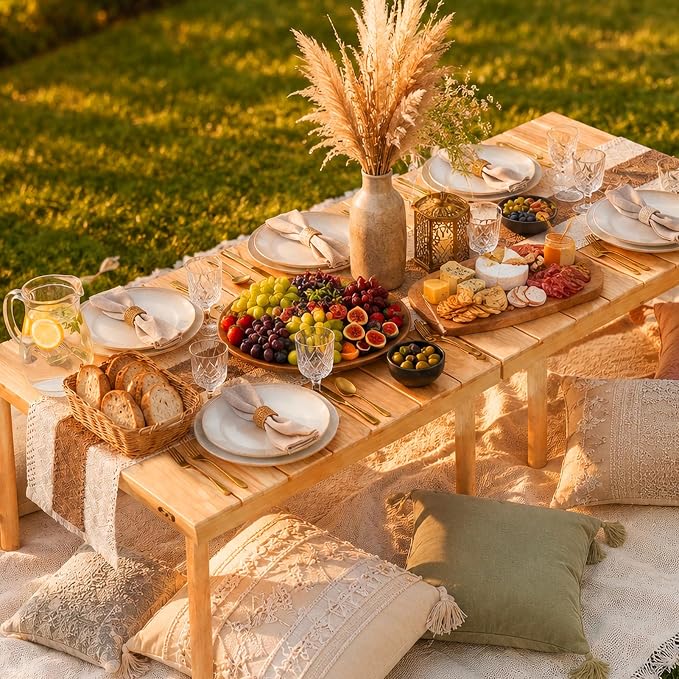 60"x30" Low Folding Picnic Table, Portable Boho Floor Table with Tablecloth, Ideal for Camping, Wedding, Beach, Garden, Party