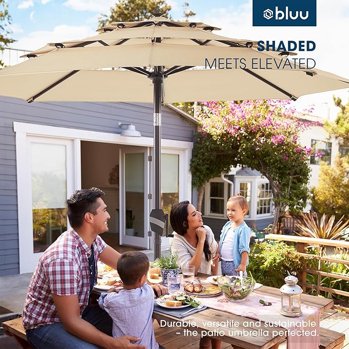 BLUU MAPLE Olefin 9 FT 3 Tier Patio Market Umbrella, 3-year Color Fastness Olefin Canopy, Outdoor Table Umbrellas with 8 Strudy Ribs & Push Button Tilt for Lawn, Deck, Backyard & Pool (Beige)