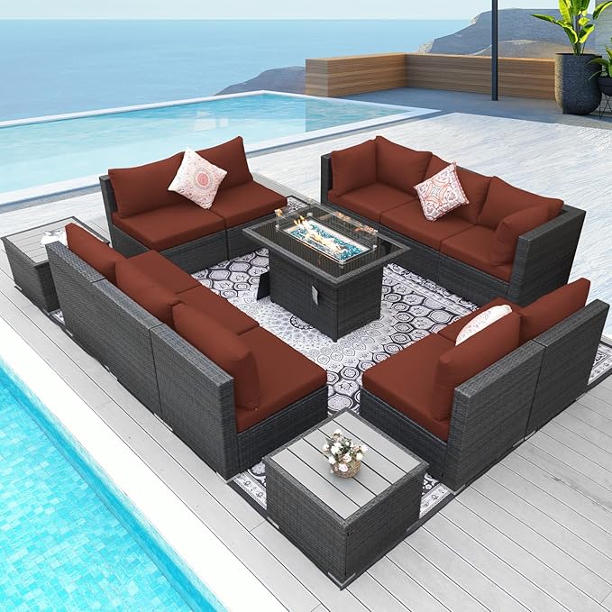 NICESOUL 13 Piece Outdoor Sectional Furniture with Firepit, Contemporary Back Yard Fireplace w/Seating Area, Plus Size 29.3'' High Back Patio Set, All-Weather Wicker Couch for Exterior, Gray & Red