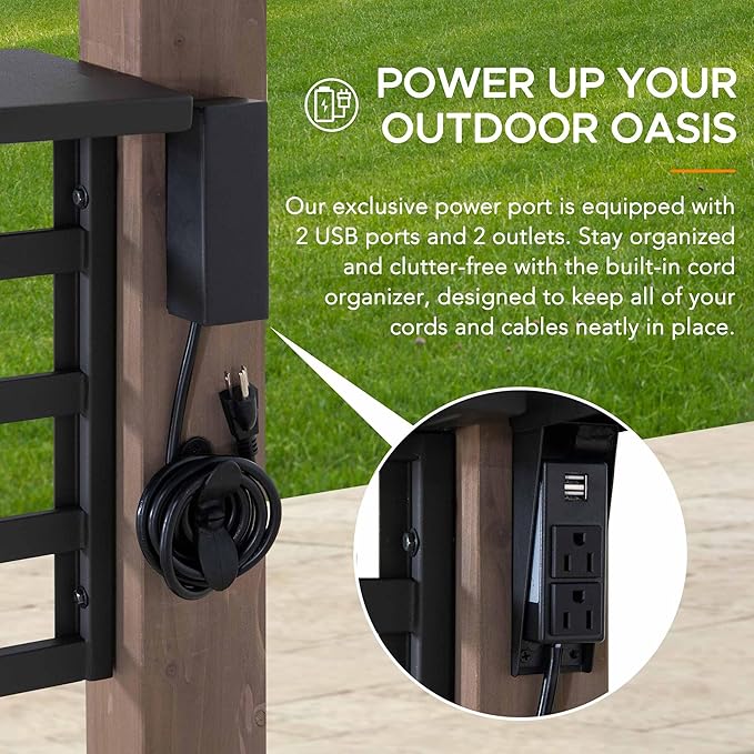 Sunjoy Wooden Grill Gazebo with AC Power Port, 8 x 12 ft. Steel Hardtop Outdoor Cedar Framed Gazebo for Year-Round Grilling, with Built-in Electrical Outlets and Decorative Fence, Brown