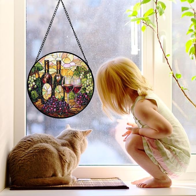 DASTOLL Stained Glass Window Hanging, Grapes and Wine Suncatcher Diamond Glass Panel Hangings Sun Catchers Decor for Birthday for Women, Men, Wife, Aunt, and Mom 9.8 in
