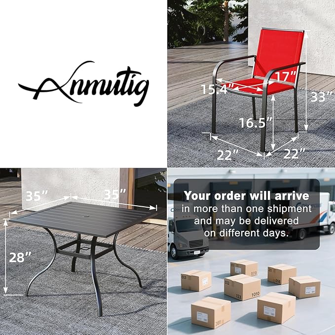 Anmutig 5 Piece Small Patio Table and Chairs Set for 4 with 4 Red Chairs and Slat Top 35"x35" Metal Table for Outside, Deck, Porch, Backyard