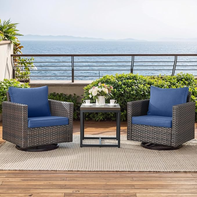Rilyson Outdoor Patio Swivel Rocker Chairs - 3 Piece Wicker Patio Furniture Bistro Swivel Rocking Chairs Set with Comfortable Cushions,Sturdy Metal Frame and Side Table for Porch Deck(Brown/Blue)