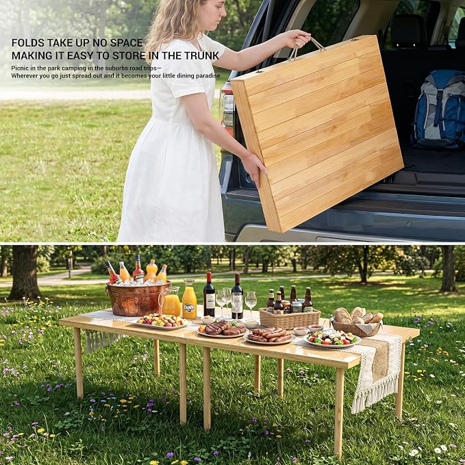 Upgraded Extra Large Low Wooden Folding Picnic Table with 8-Legs, Thick Varnished Tabletop, 80"×30" Portable Boho Beach Table with Table Runner for Yard, Camping, Outdoor Party (Vertical Stripe)