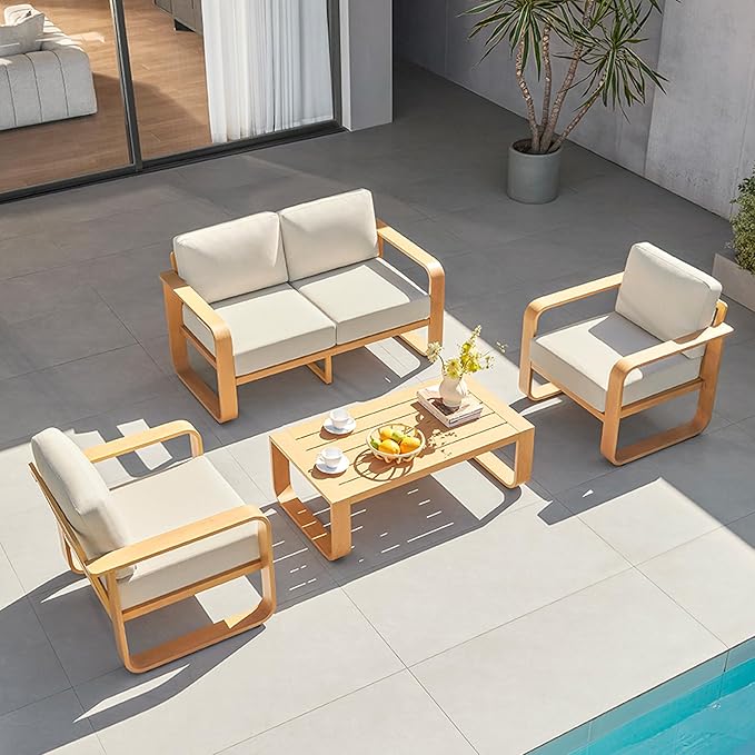 CHITA Aluminum Patio Furniture Sets, 4 Seats Patio Conversation Sets with Coffee Table, 4 Pieces Patio Sofa Sets with Thickened Olefin Fabric Cushion for Backyard, Garden, Balcony and Poolside