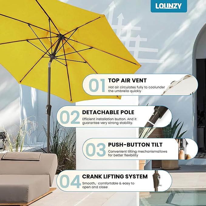 LOUNZY 9FT Large Outdoor Patio Umbrella Table Umbrella-UV Resistant,Easy Push Button Tilt and Crank,8 Sturdy Fiberglass Ribs Pool Umbrella for Patio,Backyard,Deck,Yard,Market