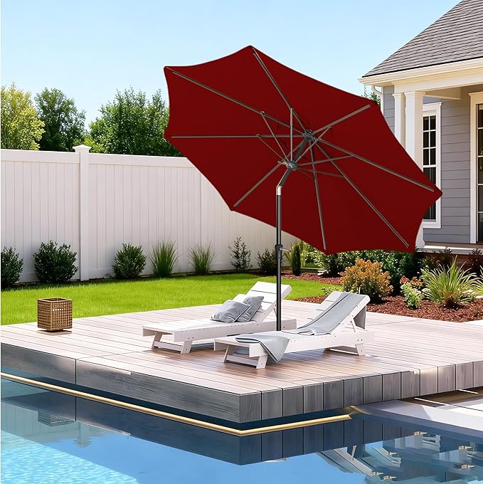 9FT Outdoor Patio Umbrella Outdoor pool Umbrella with Push Button Tilt and Crank, Market Umbrella 8 Sturdy Ribs UV Protection for Garden, Deck, Backyard (Red)