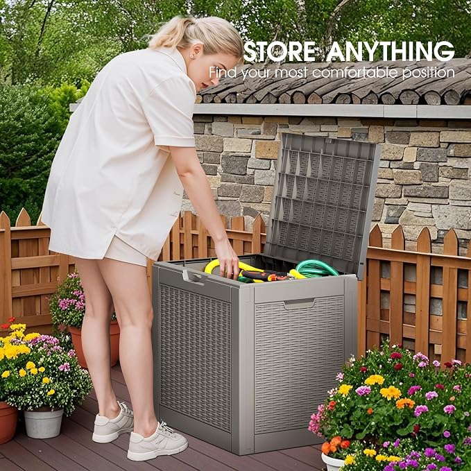 Bifanuo Outdoor Storage Box, 30 Gallon Deck Boxes Waterproof, Resin Storage Cabinet Multi Functional Storage Bench For Gardening Tools, Pool Supplies, Patio Furniture, Lockable