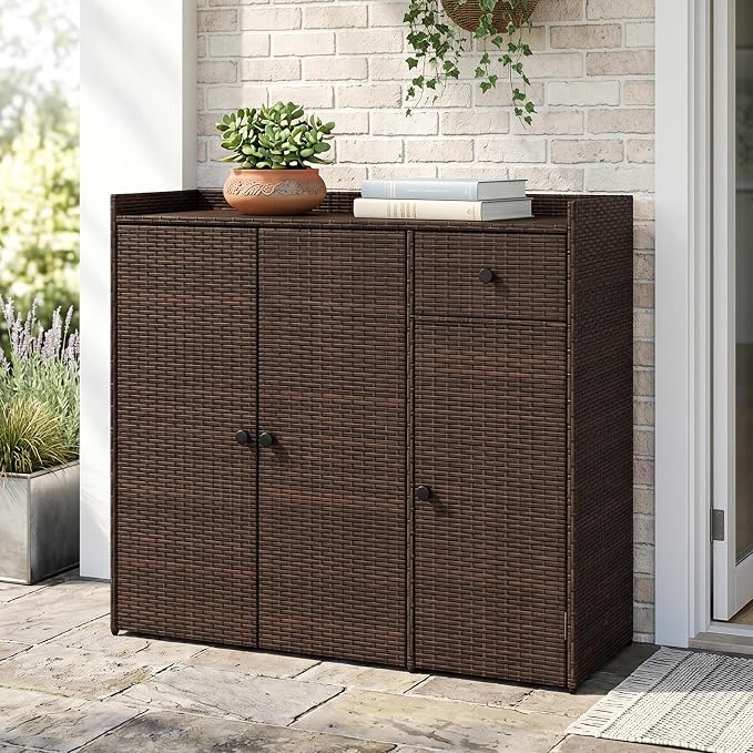 Tangkula Rattan Outdoor Storage Cabinet, Patiojoy Outdoor Cabinet with 2 Adjustable Shelves, 1 Drawer, 3 Doors, Patio Storage Deck Box Table for Patio Garden Poolside