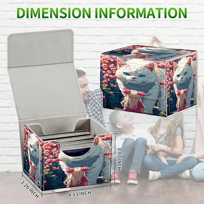 Card Deck Box for MTG, Cards Storage Box Fits 120+ Sleeved, Leather Small Size Strong Magnetic Closing Card Case for Board Games Magic TCG CCG Baseball Collection, Big Cat Girl