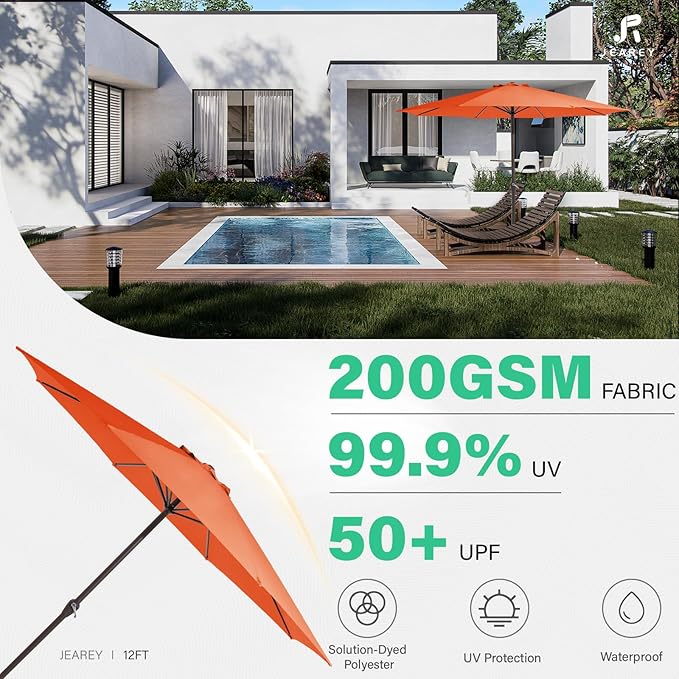JEAREY 12' Patio Umbrellas Outdoor Table Market Umbrella w/Crank, 8 Sturdy Ribs, UV Protection Windproof for Garden, Deck, Backyard, Pool(Orange)