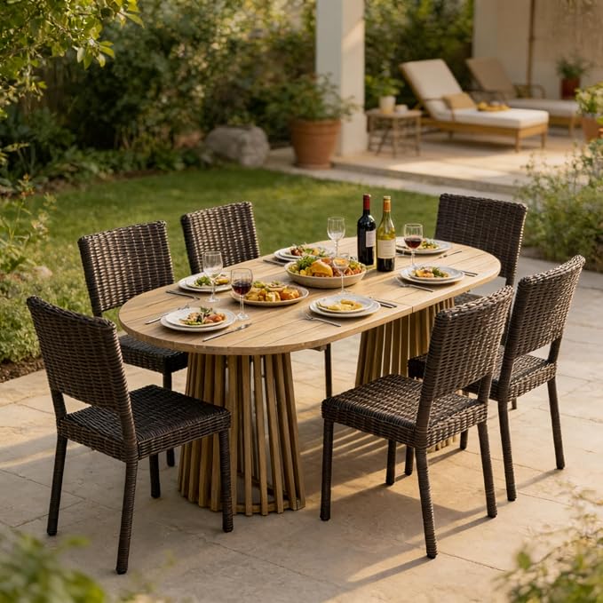 Christopher Knight Home Farley Acacia Wood Outdoor Dining Set for 6, 7 Piece Patio Dining Table and Chair Set, Faux Rattan Outdoor Dining Chair and Table Set, Teak+Light Brown