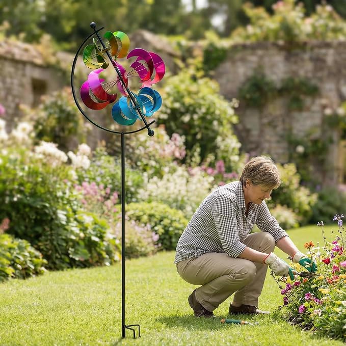 Large Kinetic Wind Spinner Outdoor Metal - 3D Wind Sculptures & Catchers with Stable Stake, Multi-Color Yard Art Decoration for Garden, Patio, Lawn, and Backyard