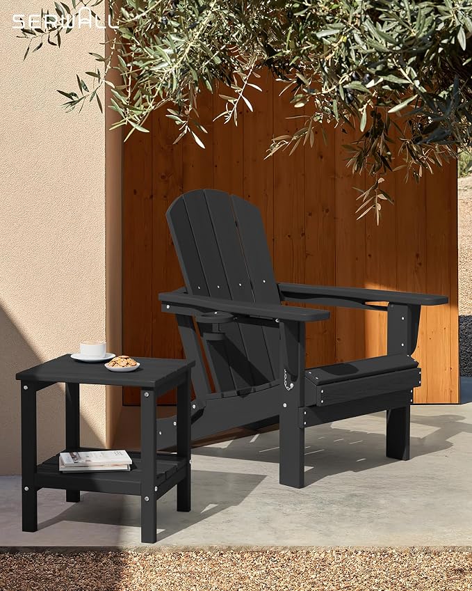 SERWALL 2-Tier HDPE Outdoor Side Table, Weatherproof Rectangular Adirondack Side Table, Black