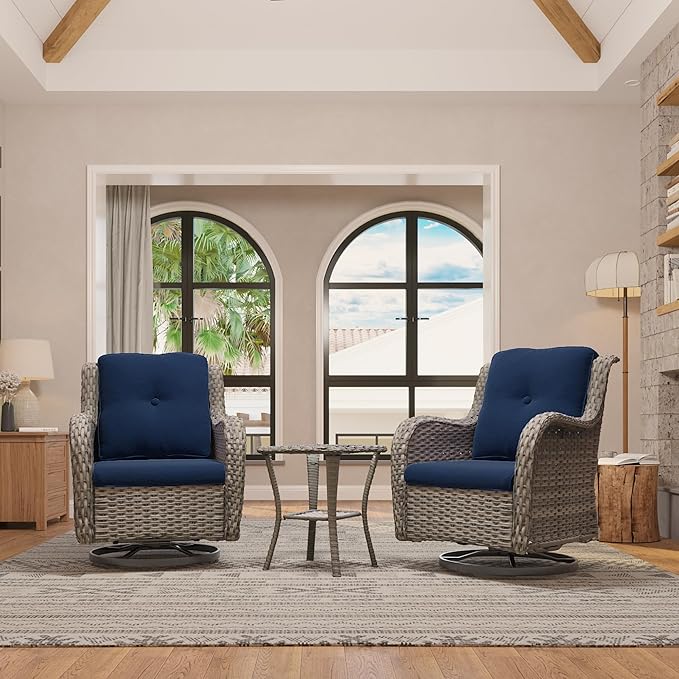 Outdoor 360 Degree Swivel Rocker Patio Chairs Sets of 2 and Matching Side Table - 3 Piece Patio Wicker Glider Chairs with Olefin Cushions(Mixed Grey/Blue)