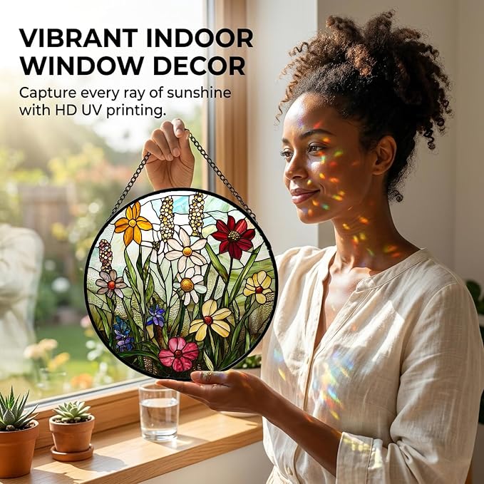 Birthday Gifts for Women - Wildflowers Faux Stained Glass Window Hanging Sun Catcher for Door Garden Acrylic Decor Mother's Day Christmas for Mom Nana Grandma Sisters Wife 9.8"
