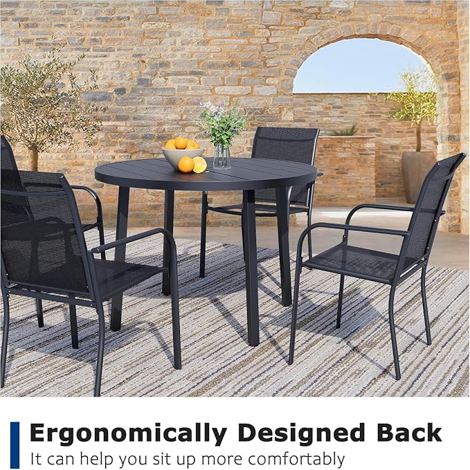 9 Pieces Patio Dining Set for 8, Black Patio Stackable Chairs and Black Round Table Set of 8, Outdoor Furniture Set with Sling Support for Outside, Garden