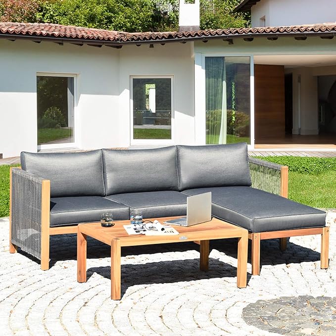 Tangkula L Shape Outdoor Furniture Set, 3 Piece Acacia Wood Patio Conversation Set, with 2 loveseats and Coffee Table, Garden Backyard Poolside Patio Seating Set