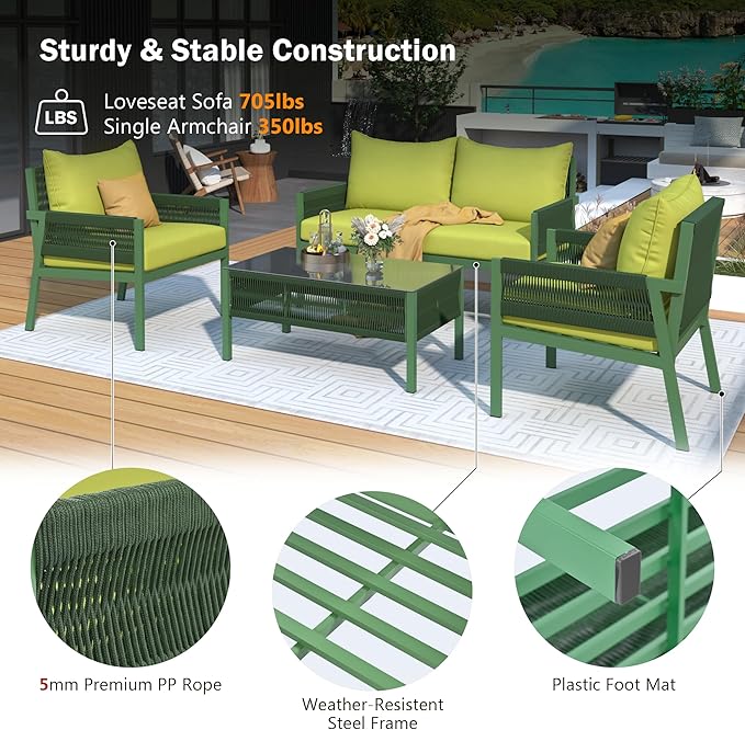 K&K 4-Piece Rope Patio Furniture Set, Outdoor Furniture with Tempered Glass Table, Patio Conversation Set Deep Seating with Thick Cushion for Backyard Porch Balcony (Fluorescent Yellow & Green)