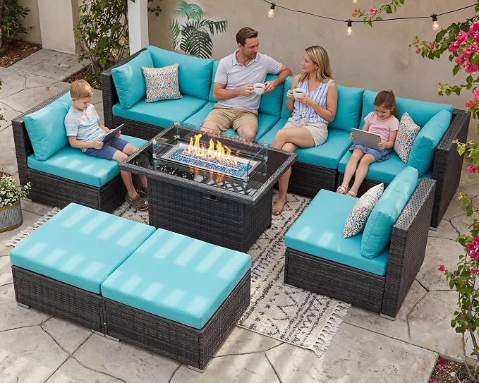 RADIATA 9 Piece Wicker Patio Furniture Set with Fire Pit, All-Weather Outdoor Sectional Couch High Back Large Size, Modular Backyard Seating Sofa Set with Propane/Natural Gas Firepit Table, Grey&Teal