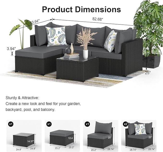 Patio Furniture Set, 6PCS Patio Sectional w/ Fire Pit Tabel Ottoman Wicker Rattan Outdoor Furniture with Thickened Cushion Modular Wicker Patio Conversation Set with Glass Top Table for Balcony(Grey)