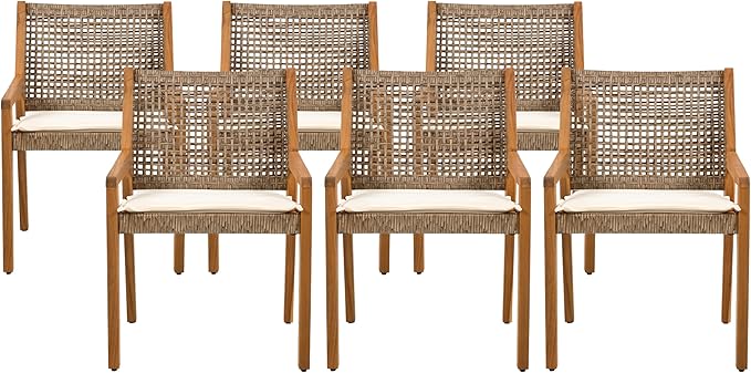 Christopher Knight Home Palin Wooden Patio Dining Set for 6, Acacia Wood Outdoor Dining Table Set for 6, 7 Piece Outdoor Dining Set with Rectangular Table and Armchair with Seat Cushion, Teak+Beige
